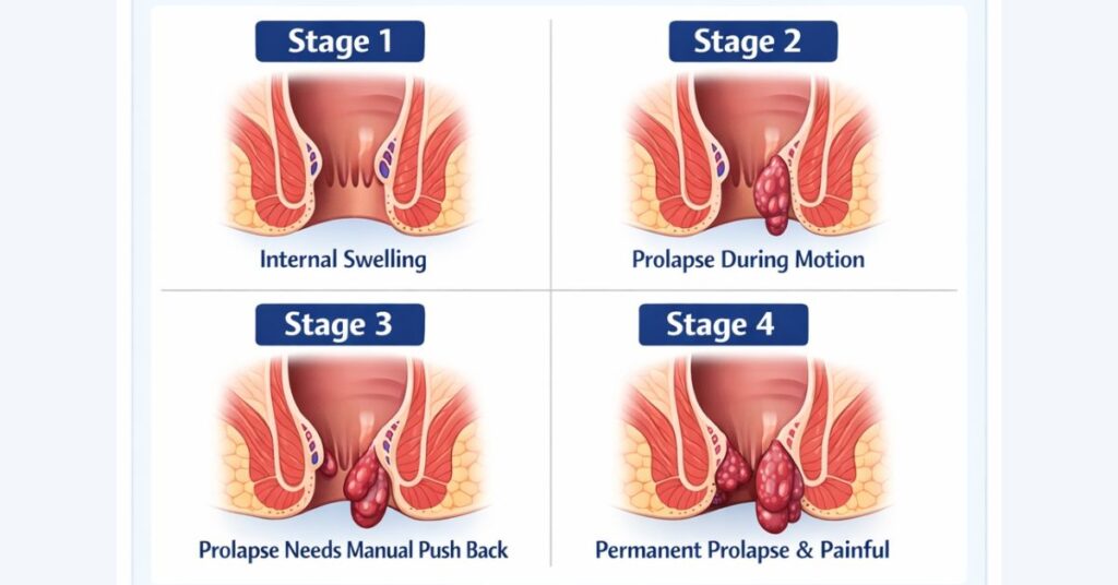 Piles stages diagram showing stage 1 to stage 4 with symptoms like bleeding, pain, swelling and best piles treatment guidance in Indore