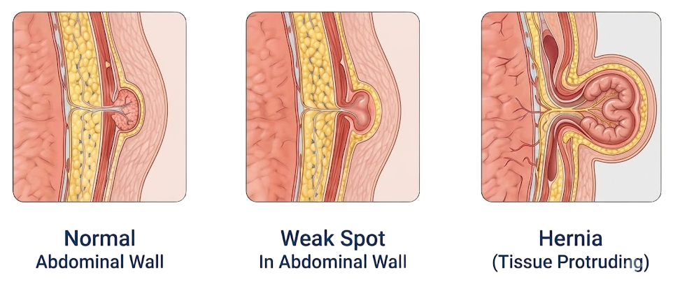 Stages of hernia: normal abdominal wall, weak spot and tissue protruding